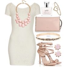 Pink accessories for a white sheath dress