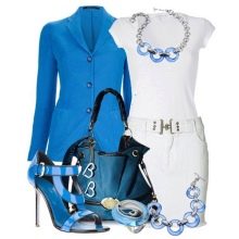 Blue accessories for a white sheath dress