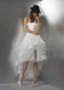 Short wedding dress with a train and a hat