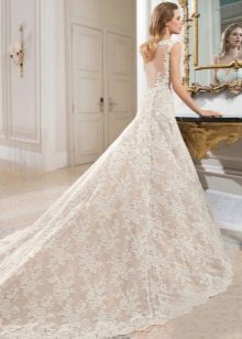 Lace wedding dress with a puffy train