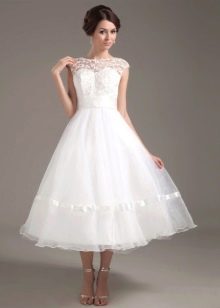 Midi wedding dress with closed lace neckline