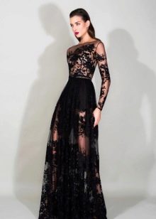 Floor-length evening dress with openwork sleeves