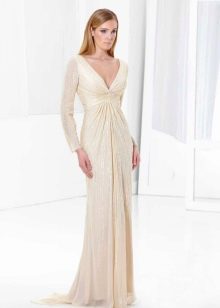 Floor-length evening dress with transparent sleeves