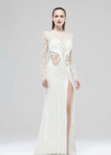Evening closed white dress with a cutout