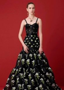 Black evening dress with green pattern