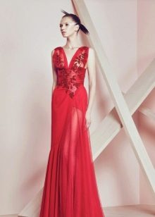 Red plunge neckline evening dress