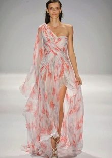 Evening dress in chiffon with a floral motif