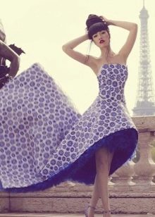 Blue and white evening dress with train