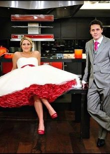 White wedding dress with red petticoat
