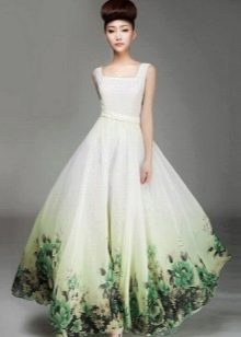 White wedding dress with green pattern