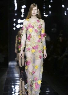 Semi-sheer floor-length evening dress with flowers
