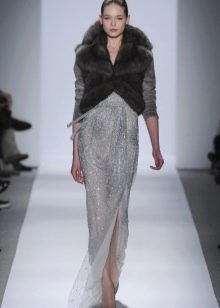 Black fur cape to gray dress