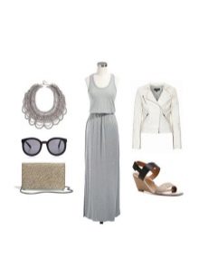 Gray knitted dress with white leather jacket