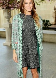 Green coat to gray dress