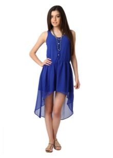 Navy blue dress, short in front and elongated in the back