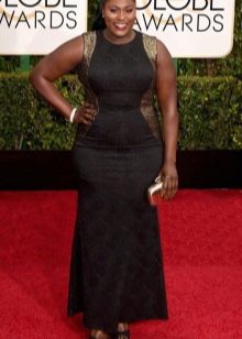 Long evening black dress with gold inserts for obese women