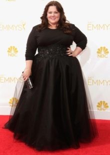 Black evening dress combined of silk, chiffon and knitwear for overweight