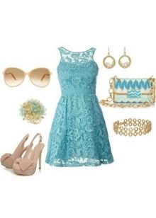 Gold and beige accessories for a cyan dress