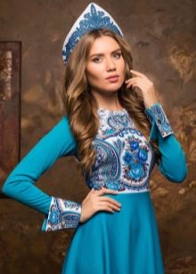 Blue dress in Russian style with a kokoshnik
