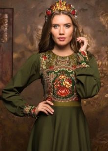 Swamp-colored dress in Russian style with a kokoshnik