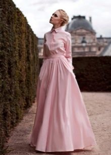 pink long sleeve floor-length dress