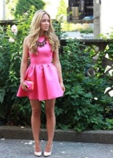 Pink evening dress with chunky necklace