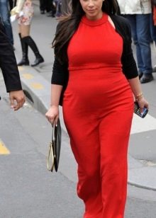 Long warm red maternity floor-length dress with cardigan