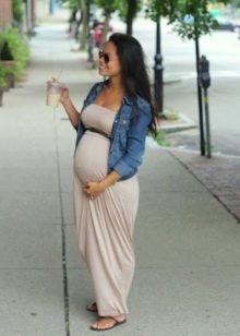Long summer light gray dress to the floor for pregnant women with a shirt