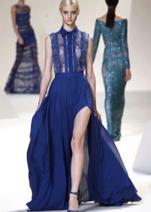 Evening blue shirt dress with guipure