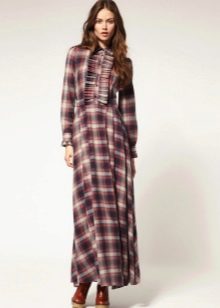 Long checkered shirt dress with ruffles
