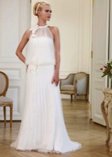 Lace-trimmed wedding dress with halter neckline