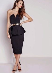 Black bustier dress with peplum, with a tapered hem