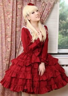Red dress with many flounces on the skirt