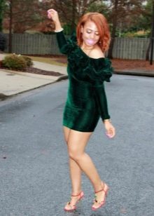 Velvet dress with ruffles on the shoulders and chest