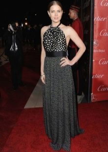 Black evening long dress with large polka dots on the top and small polka dots on the skirt