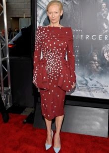 Burgundy business dress with blue polka dots