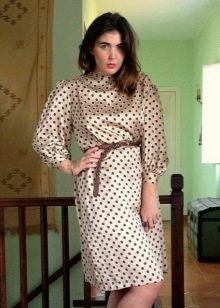 Silk beige dress with brown polka dots with long sleeves