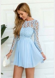 Light Blue Lace Blend Long Sleeve Short Dress