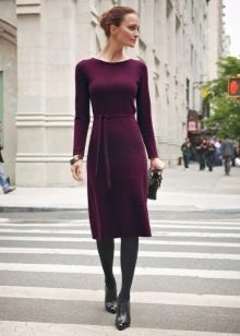 Long Sleeve Burgundy Woolen Mid-Length Dress