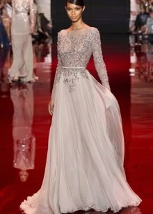 Long combination of lace and chiffon dress with long sleeves