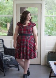 Plaid dress with a black rate on the belt for obese women