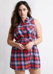 Red-blue-white check shirt dress for obese women