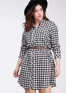 Plaid shirt dress for obese women with a belt and a hat