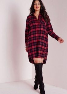 Shirt dress in red and blue plaid for obese women