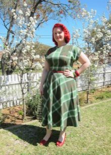 Green plaid dress with a fluffy skirt for obese women