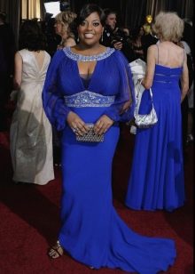 Blue combined fabrics floor-length dress with dinghy sleeves for overweight
