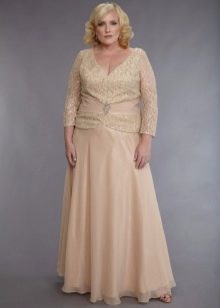 Long sleeve dress for full beige in guipure and chiffon