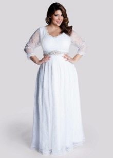 White floor-length dress with long lace sleeves for full