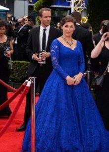 Long puffy blue lace dress with long sleeves for plump