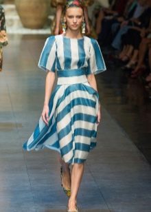 Mid-length dress with white and blue stripes